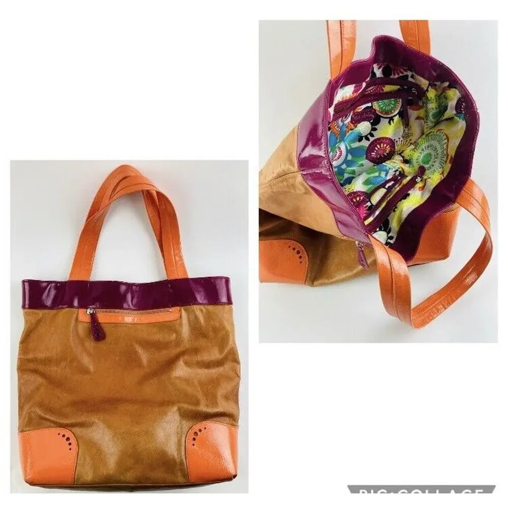 Kate Landry Large Shoulder Bag Purse Orange Pink Floral Lining Beautiful Hobo Br